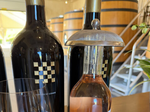 Wine bottles and decanter in winery tasting room