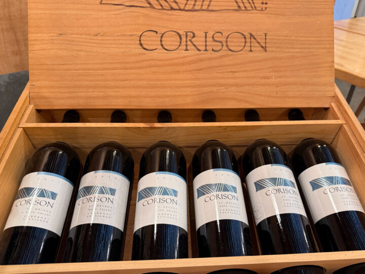 Corison wine bottles in wooden display box