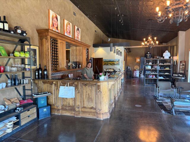 Rustic wine tasting room with wooden bar