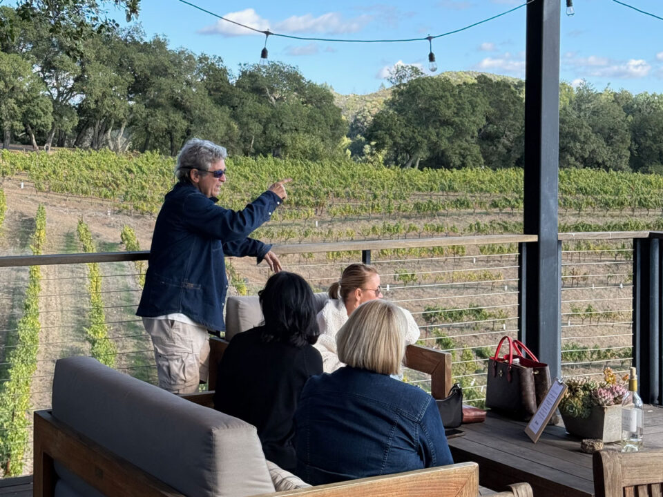 Group on patio overlooking scenic vineyard landscape
