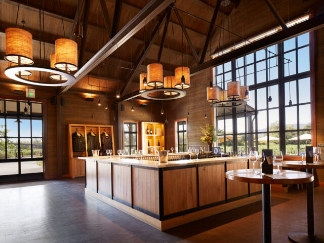 Modern winery tasting room with wooden interior